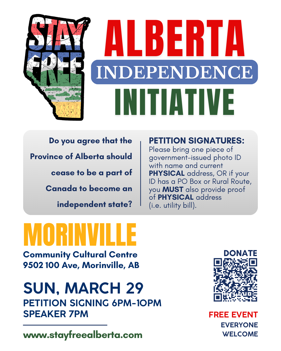 Townhall & Signing Event | Sunday March 29 | Morinville | Stay Free Alberta