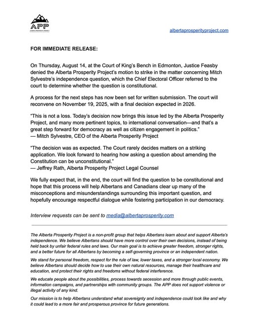 FOR IMMEDIATE RELEASE | Verdict on the APP Citizen's Initiative Petition Application by the Alberta Prosperity Project