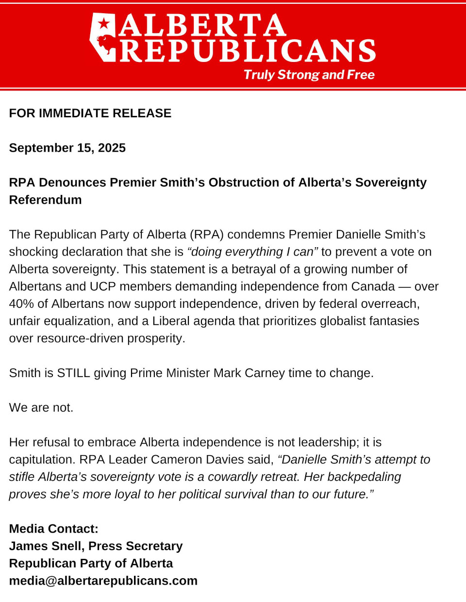 For Immediate Release | RPA Denounces Premier Smith's Obstruction of Alberta's Sovereignty Referendum by the Republican Party of Alberta