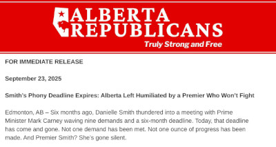 For Immediate Release | Smith's Phony Deadlines Expires: Alberta Left Humiliated by a Premier Who Won't Fight by the Republican Party of Alberta